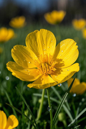 Close up of yellow flowers with water beadsの素材