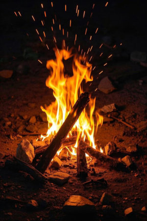 Outdoor bonfire burning sceneの素材