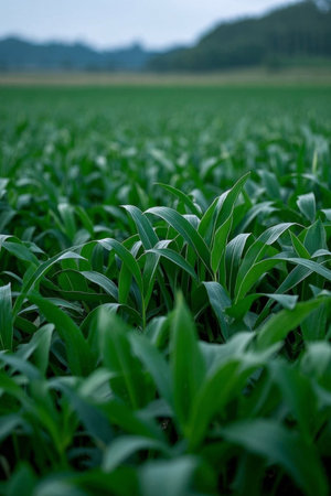 Green corn plants growing in farmlandの素材