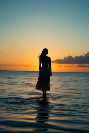 Girl strolling by the sea at sunsetの素材