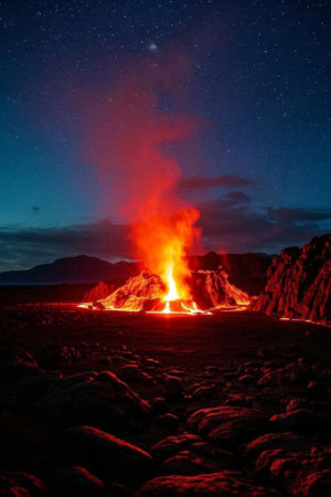 Volcanic landscape erupting under the night skyの素材