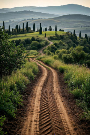 Natural scenery of winding dirt roads in the Italian countrysideの素材