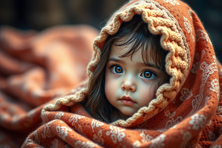 Close up of a little girl wrapped in a blanketの素材