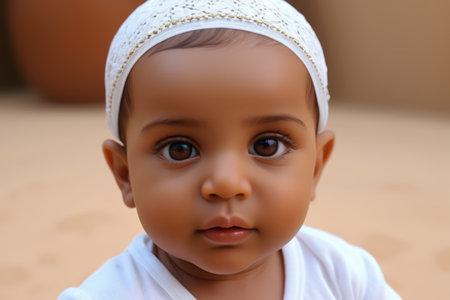 Cute baby close up in white headscarfの素材