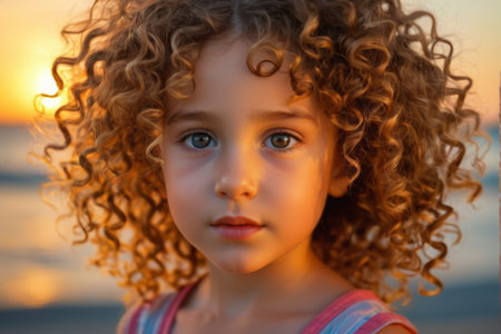 Close up of a little girl with curly hair by the seaの素材