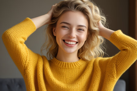 Close up of smiling women in yellow sweatersの素材
