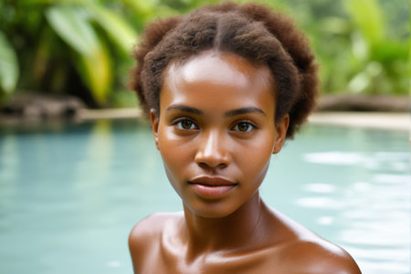 Portrait of African American woman by poolの素材