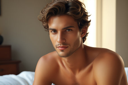 Half naked young man in the bedroomの素材