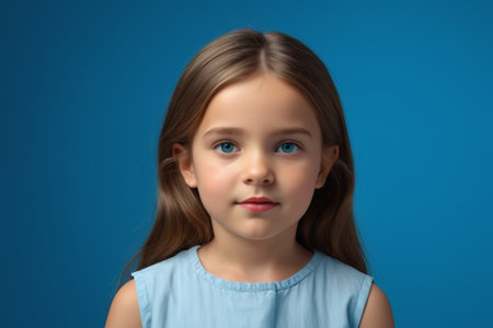 Portrait of little girl in front of blue backgroundの素材