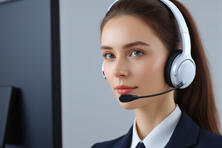 Working women working with headphonesの素材