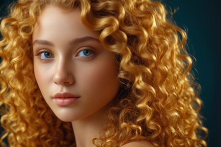 Blonde curly haired woman's face close upの素材