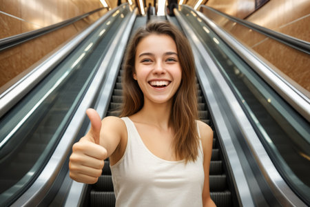 Woman smiling and giving thumbs up on escalatorの素材