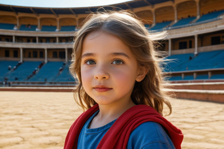 Portrait of a little girl inside a bullringの素材
