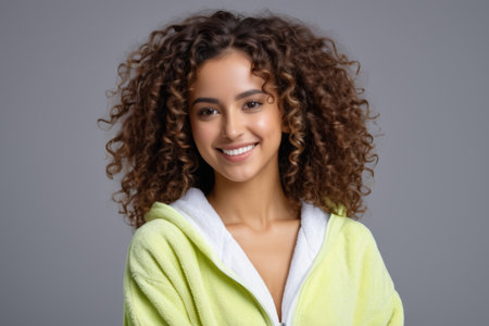 Smiling curly haired girl wearing chartreuse sweatshirtの素材