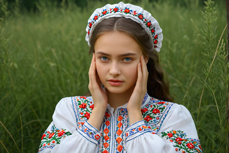 Outdoor close up of a girl in ethnic costumeの素材
