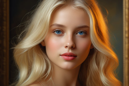 Close up portrait of blonde and blue eyed womanの素材