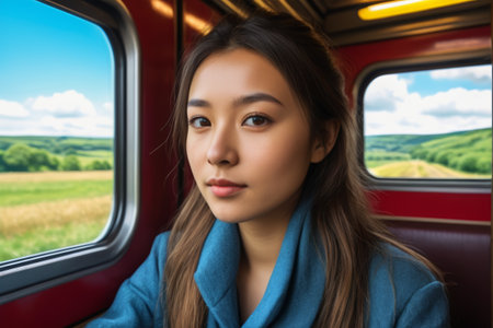 Woman looks at camera on trainの素材
