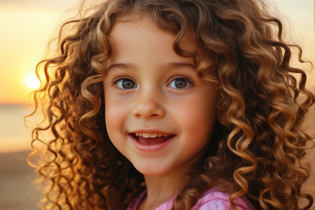 Curly hair little girl smiling close upの素材