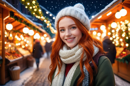 Red haired woman smiles and takes photos at Christmas marketの素材