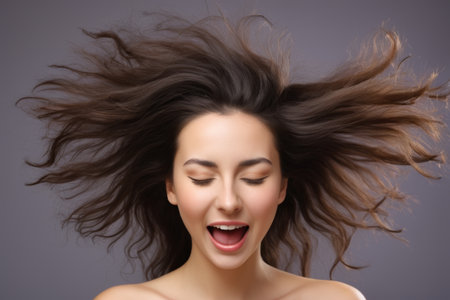 Women with closed eyes and laughing with flying hairの素材