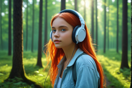Red haired girl wearing headphones in the forestの素材