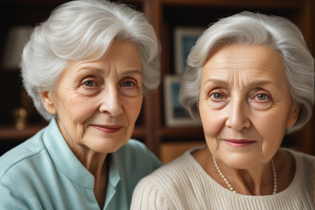 Close up of two elderly women smilingの素材