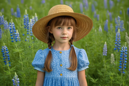 The little girl in a straw hat is in a field of blue flowersの素材