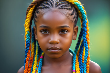 Close up of colorful braids of a little African girlの素材
