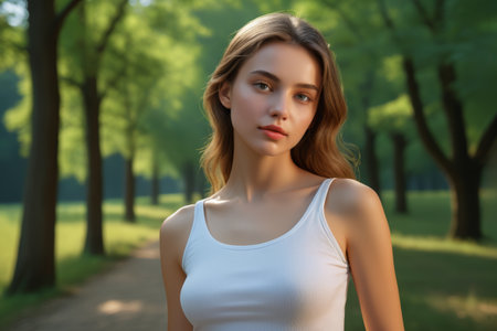 Portrait of young woman in outdoor woodsの素材