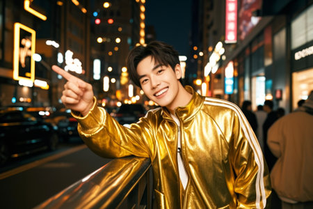 Men on the street at night pointing forwardの素材