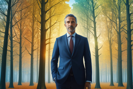 Man in suit standing in the woodsの素材