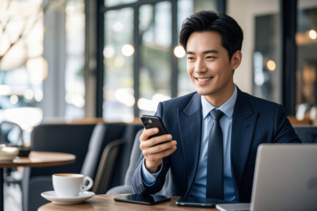 Business men use smartphones in cafesの素材