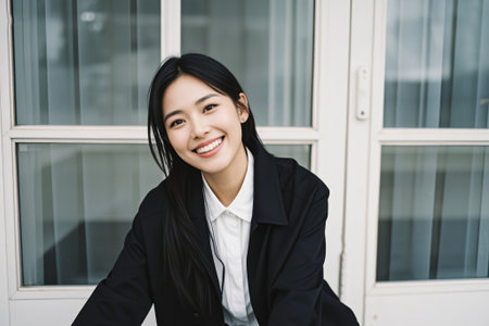Close up of smiling female outdoor bustの素材