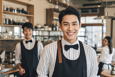 Smiling male waiter in the cafeの素材