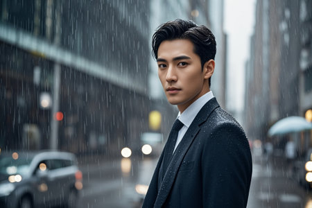 Asian man in suit in the rainの素材