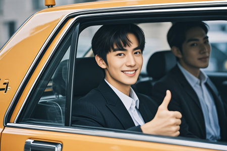 Business people give a thumbs up in taxisの素材