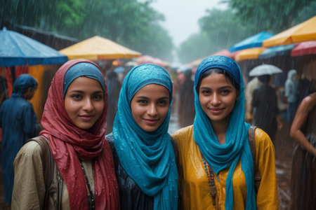 Three women wearing headscarves in the rainの素材