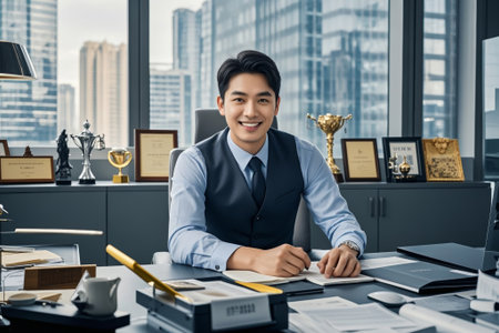 Business men record at their office deskの素材