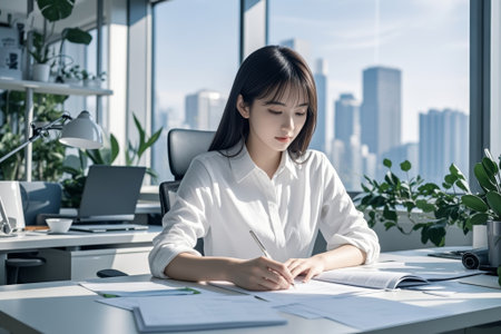 Women's work writing scene in the officeの素材
