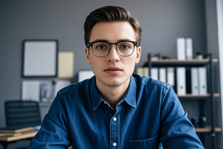 Front view of a man in an office environmentの素材