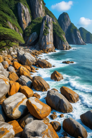 Coastal landscape with waves crashing against rocksの素材