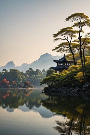 Chinese-style pavilion and lake view in the mountains and riversの素材