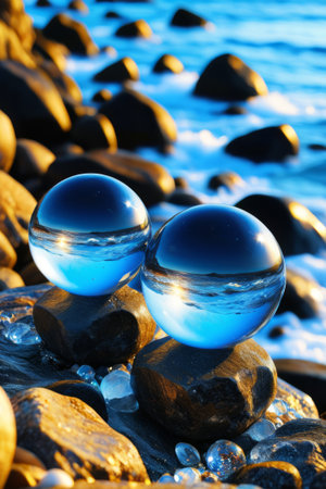 Glass ball scenery on the rocks by the seaの素材