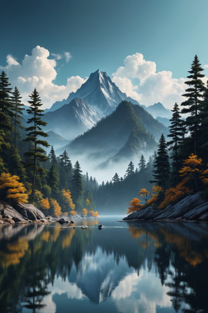 Panoramic view of natural scenery of mountains, forests and lakesの素材