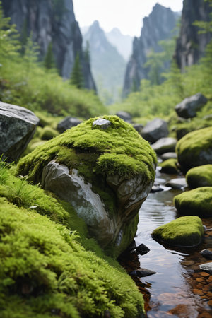 Mossy rocks beside mountain streamsの素材