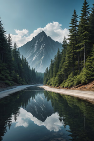 Calm lakes and towering peaks in the mountains and forestsの素材