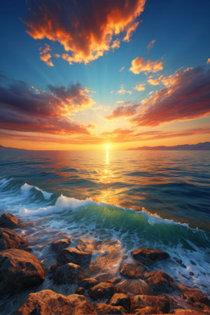 Waves crashing against rocks at sunset on the beachの素材