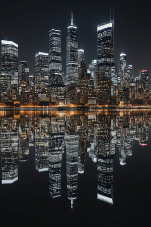 City skyscrapers and water reflections at nightの素材