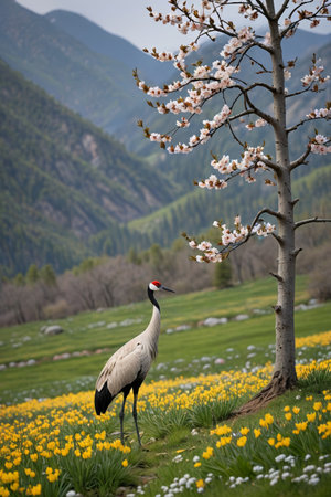 Red-crowned cranes standing among the flowers in the mountainsの素材