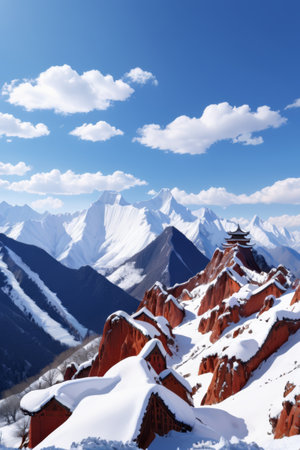 Natural scenery of red-roofed buildings at the foot of the snow-capped mountainsの素材